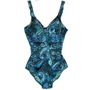 Maxine of Hollywood Blue Paisley One-Piece Swimsuit with Shirring - Size 14